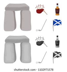 Stone monument, bagpipe, whiskey, golf. Scotland country set collection icons in cartoon,monochrome style vector symbol stock illustration web.