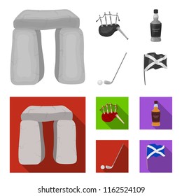 Stone monument, bagpipe, whiskey, golf. Scotland country set collection icons in monochrome,flat style vector symbol stock illustration web.