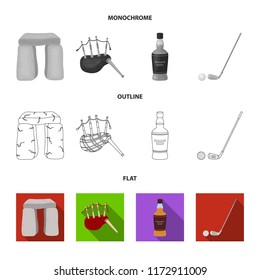 Stone monument, bagpipe, whiskey, golf. Scotland country set collection icons in flat,outline,monochrome style vector symbol stock illustration web.