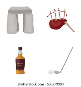 Stone monument, bagpipe, whiskey, golf. Scotland country set collection icons in cartoon style vector symbol stock illustration web.