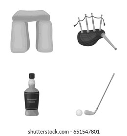 Stone monument, bagpipe, whiskey, golf. Scotland country set collection icons in monochrome style vector symbol stock illustration web.