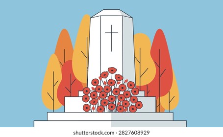 Stone monument featuring a cross stands surrounded by colourful autumn trees and a large pile of red poppy flowers for respectful war commemoration.