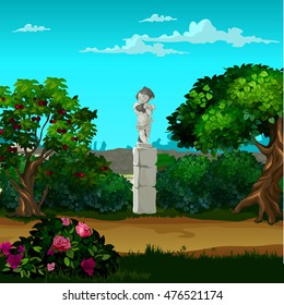 Stone monument in the form of an angel in the garden. Vector illustration.