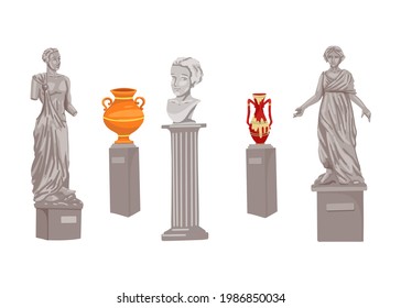 Stone monuments  Exhibition objects in the gallery  Museum exhibits  set statues   vases  bust the head  Stone statues  Objects white background  Vector cartoon flat illustration