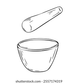 Stone mortar and pestle black white vector illustration isolated. Bowl, kitchen utensil for herbal and spice hand drawn monochrome sketch. Line art element for label, package, wrapping.