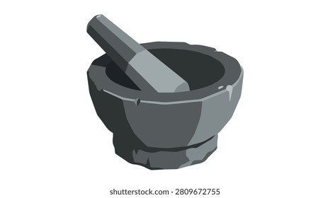 Stone mortar and pestle with gray surface and rounded shape for grinding spices herbs and cooking ingredients in culinary preparation