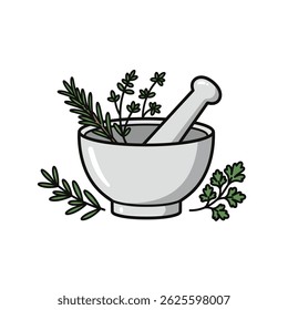 Stone Mortar and Pestle Grinding Fresh Green Herbs Preparation for Herbal Medicine Isolated White Background