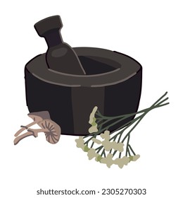 Stone mortar and pestle with herbs, mushrooms. Witchcraft kitchen tool clipart isolated on white. Colored vector illustration in cartoon style..