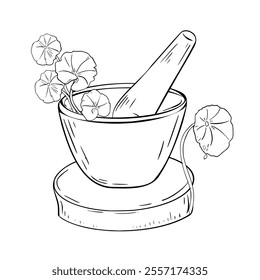 Stone mortar and pestle on wooden stand with healing herb black white vector illustration on white. Centella asiatica skincare plants hand drawn outline for design label ayurvedic medicine.