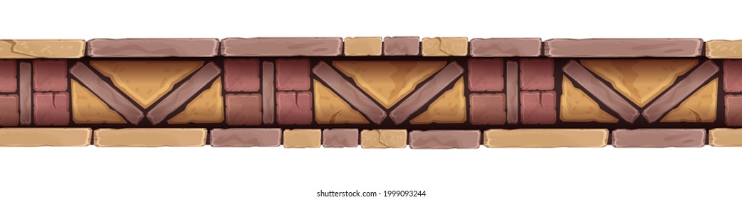 Stone mosaic seamless border, vector geometric rock tile frame, antique Roman ceramic illustration. Decorative architecture abstract design element isolated on white. Brown ornament mosaic border