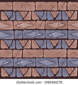 Stone mosaic vector seamless pattern, cartoon abstract brick wall texture, geometric pavement design. Street floor ornament, cracked architecture ethnic print. Stone mosaic cobblestone illustration