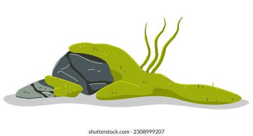 Stone with moss and grass vector cartoon illustration isolated on a white background.