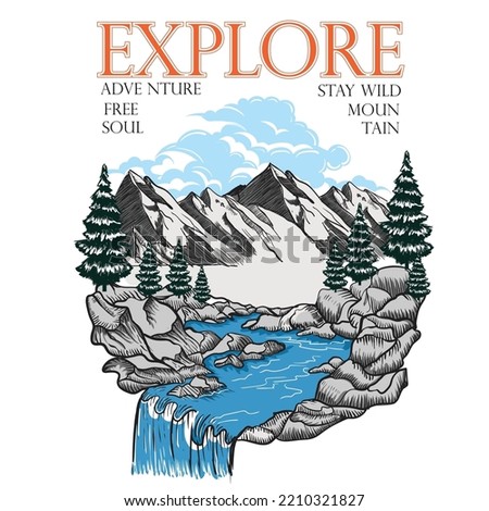 stone mountain with lake view prints, Mountain typography graphics for slogan tee shirt with lake and pain tree . Mountain adventure print for apparel, t-shirt design with grunge. Wildlife slogan. 