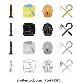 Stone obelisk, map of Egypt, Pharaoh's mask, wand chain and hook. Ancient Egypt set collection icons in cartoon black monochrome outline style vector symbol stock illustration web.