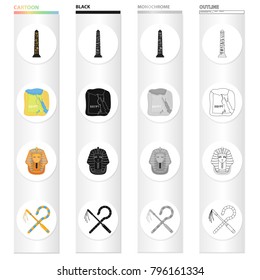 Stone obelisk, map of Egypt, Pharaoh's mask, wand chain and hook. Ancient Egypt set collection icons in cartoon black monochrome outline style vector symbol stock illustration web.