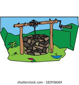 stone old well, vector illustration