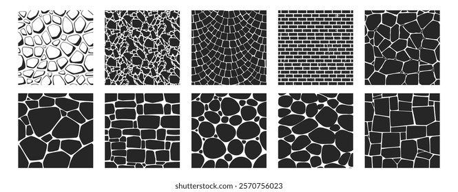 Stone on ground vector mosaic pattern. Texture interior background line art. Pebble mosaic texture. Set of graphics elements drawing for architecture and landscape design.