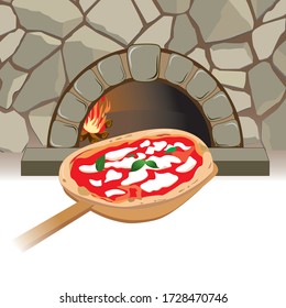 
stone oven. Graphics with shovel and pizza ready to bake