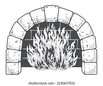 Stone oven vintage monochrome emblem with burning fire for cooking pizza or other food on open flame vector illustration