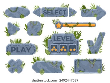 Stone panels with jungle plants. GUI elements, tropical leaves, blank interface bars, sliders, buttons with rock texture, game icons, arrow and pointer, isolated nowaday vector set