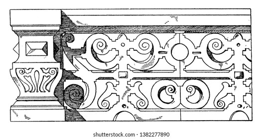 Stone Parapet design of scrolls found on the Dagobert tower, height of a small barrel, building borders, vintage line drawing or engraving illustration.