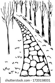 Stone path, alley, trees, a walk in the park, the road into the distance. Vector ink drawing.