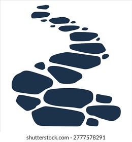 Stone path, blue pebble walkway winding garden trail. Dark rock stone path, natural paving block landscape element. Outdoor park footpath, zen garden stone decoration, flat organic pavement shape