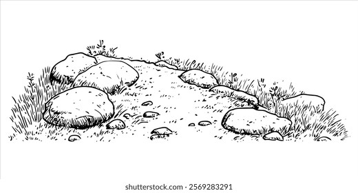 stone path with large rocks and grassy surroundings hand drawn doodle sketch