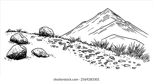 stone path with rocks and grassy terrain hand drawn doodle sketch