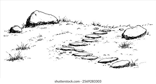 stone path with rocks and grassy terrain hand drawn doodle sketch