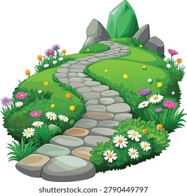 Stone path winding through lush green grass with blooming spring wildflowers and decorative rocks on garden meadow landscape design vector illustration isolated on background.