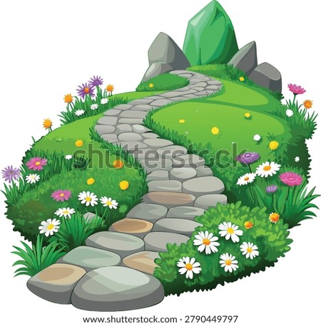 Stone path winding through lush green grass with blooming spring wildflowers and decorative rocks on garden meadow landscape design vector illustration isolated on background.