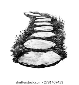 Stone pathway with stepping stones surrounded by grass in vintage halftone style isolated on light background. Decorative garden path illustration for landscaping, zen garden, nature and outdoor design concepts.