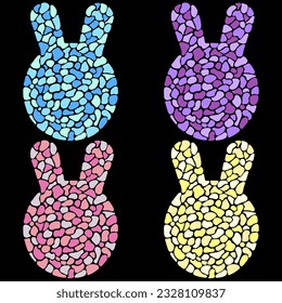 Stone pattern consisting of 4 rabbit faces, purple, yellow, pink, blue, light pastel tones. On a dark black background. Illustration. Graphic design drawing.