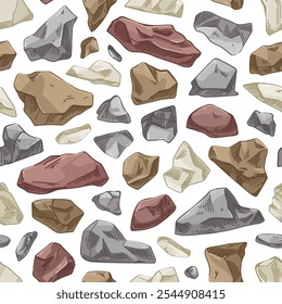 Stone pattern. Seamless rock background with rubbles and cobbles. Masonry texture. Repeating stonewall structure. Endless design with stonework print. Hand-drawn vector illustration for decoration.