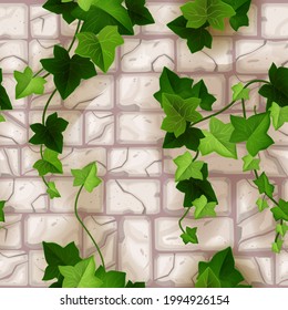 Stone pavement seamless pattern, old brick wall texture, green ivy leaves, climbing plant branches. Cartoon ground paver background, outdoor material surface illustration. Stone pavement top view