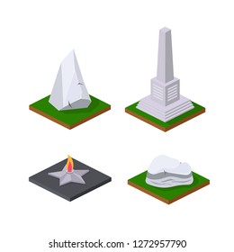 Stone pedestals, monuments, eternal flame on pedestal. Architectural 3d monuments, city sights, landscape decorative ornaments. Map elements, with grass, earth. Isometric vector, city constructor.