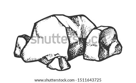 Stone Pile Cobblestone Boulder Monochrome Vector. Solid Strong Stone Castle Build Material. Natural Block Slate Engraving Template Hand Drawn In Retro Style Black And White Illustration