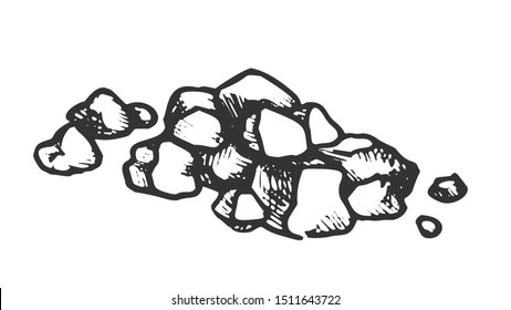 Stone Pile Gravel Cobblestone Monochrome Vector. Solid Strong Stone Crag Element For Building Road. Nature Block Slate Engraving Template Hand Drawn In Retro Style Black And White Illustration