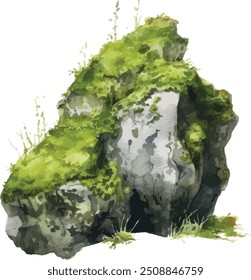 Pila de piedra con musgo verde. Ilustración de acuarela. Elemento natural de rocas dibujadas a mano. Sólidas rocas musgosas. Parque, bosque, elemento de paisaje de bosque. Aislado en el fondo blanco