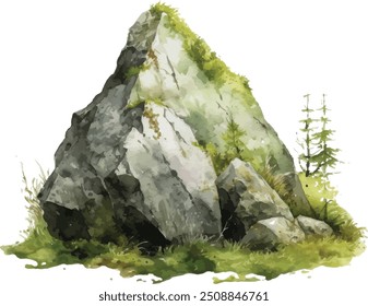 Pilha de pedra com musgo verde. Ilustração em aquarela. Mão desenhado rochas elemento natural. Sólidas rochas de musgo. Elemento de parque, floresta, paisagem florestal. Isolado sobre fundo branco