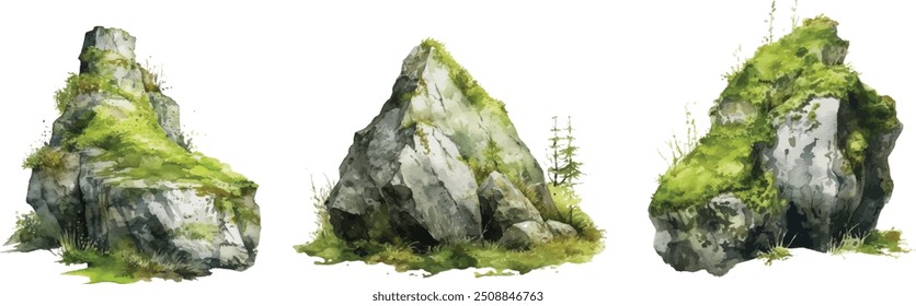 Stone pile with green moss. Watercolor illustration. Hand drawn rocks natural element. Solid mossy rocks. Park, forest, woodland landscape element. Isolated on white background