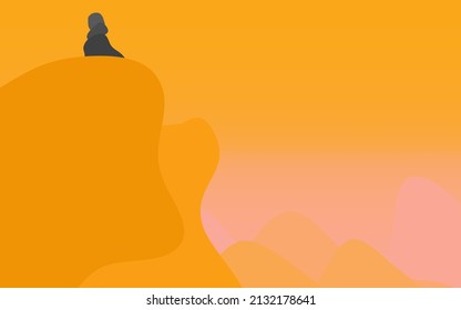 stone pile on the cliff isolated on orange pink sky background, illustration landscape mountain vector with copy space.