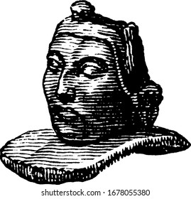 A stone pipe bowl depicting a face made by Native Americans. A man's face made by stone pipe bowl in three images, vintage line drawing or engraving 
