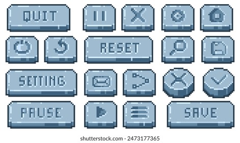 Stone pixel buttons. Old school video game interface elements, 8 bit retro app navigation panel. Vector square UI game elements isolated collection