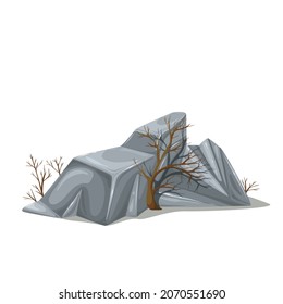 Stone with plant, boulders vector illustration.