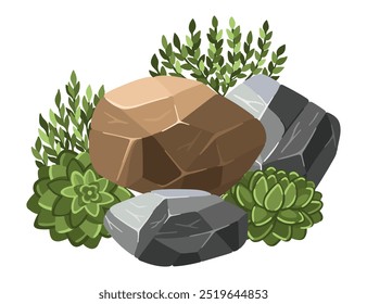 Stone and plant composition for architectural sketches. Entourage elements for landscape design. Succulents. Vector illustration.