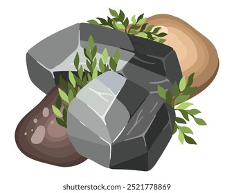 Stone and plant composition for architectural sketches. Entourage elements for landscape design. Succulents. Vector illustration.