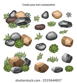 Stone and plant compositions and elements for architectural sketches. Entourage elements for landscape design. Succulents. Vector illustration.