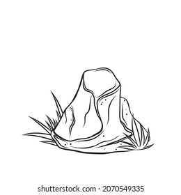 Stone with plant, drawn monochrome boulders, outline vector illustration.